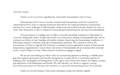 Response Letter from the Prime Minister of Canada to Shari Guinta regarding the Plight of Women and Children in Gaza