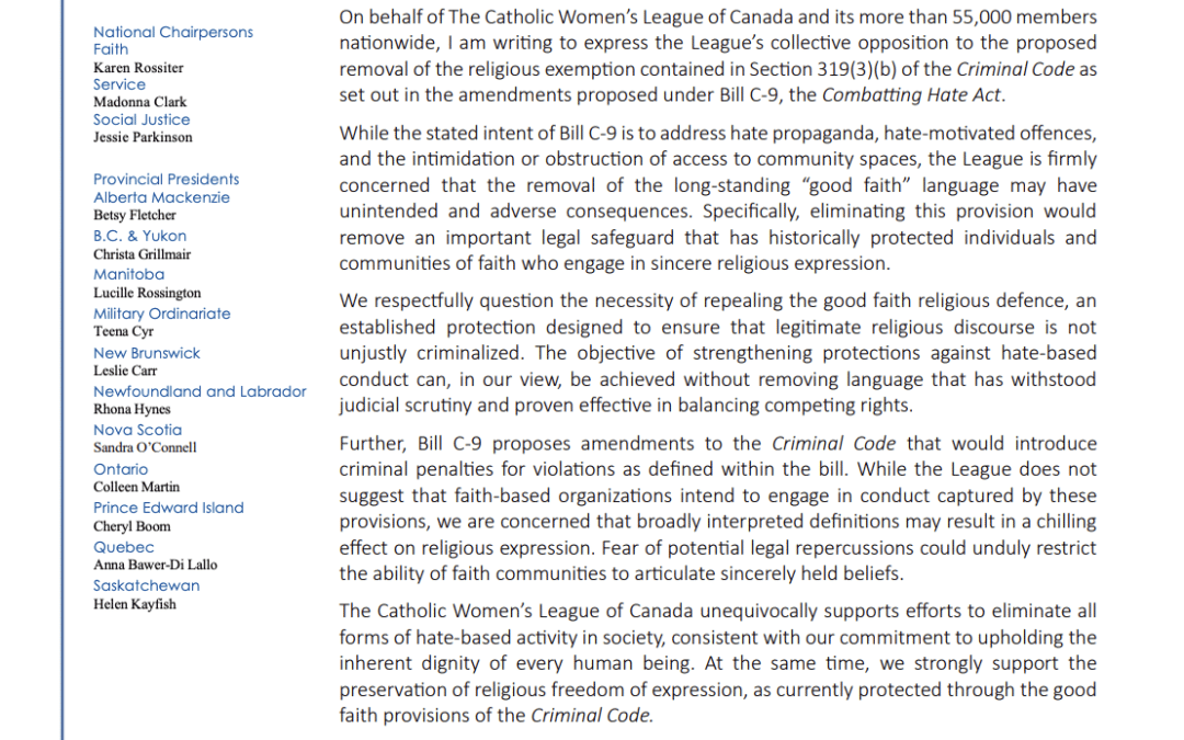 Letter from National President Betty Colaneri to Minister of Justice re. Bill C-9 amendments